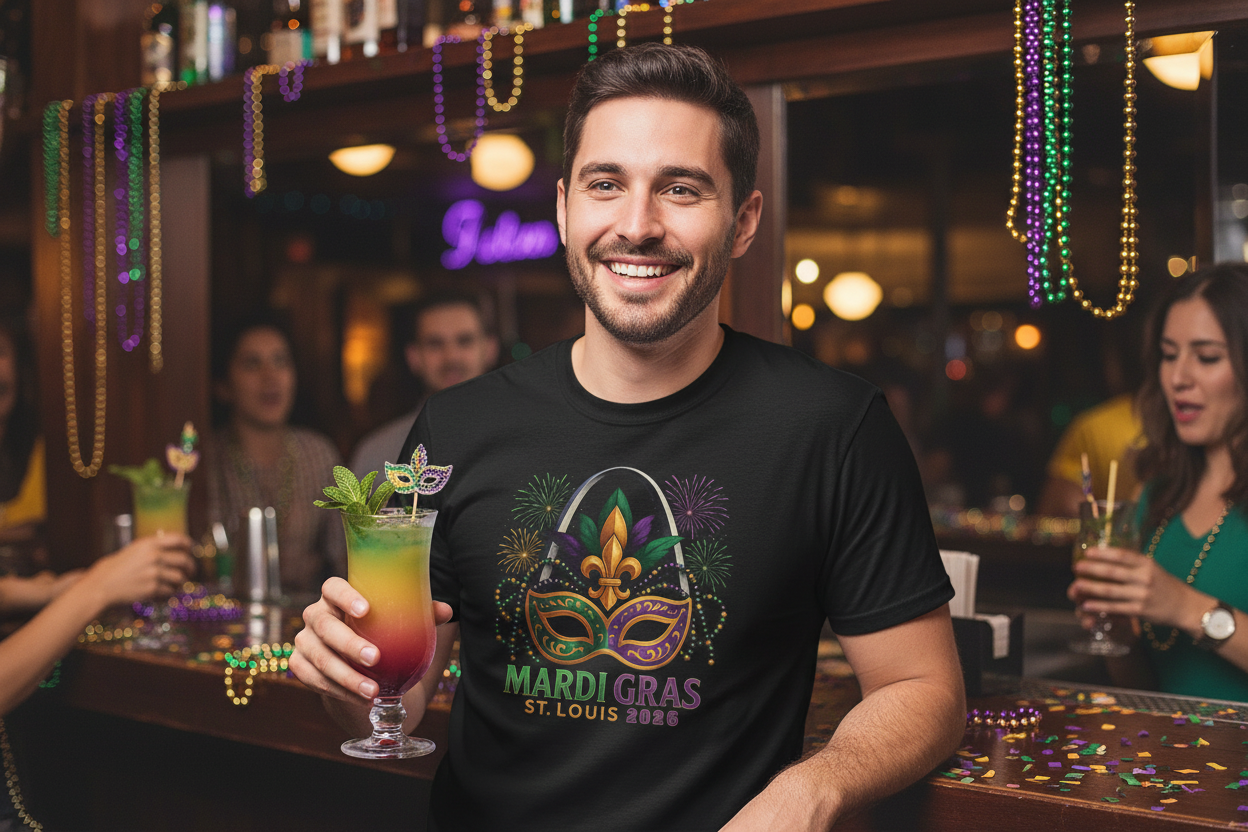Mardi Gras Graphic T-Shirt — Festive Mask & Beads Tee