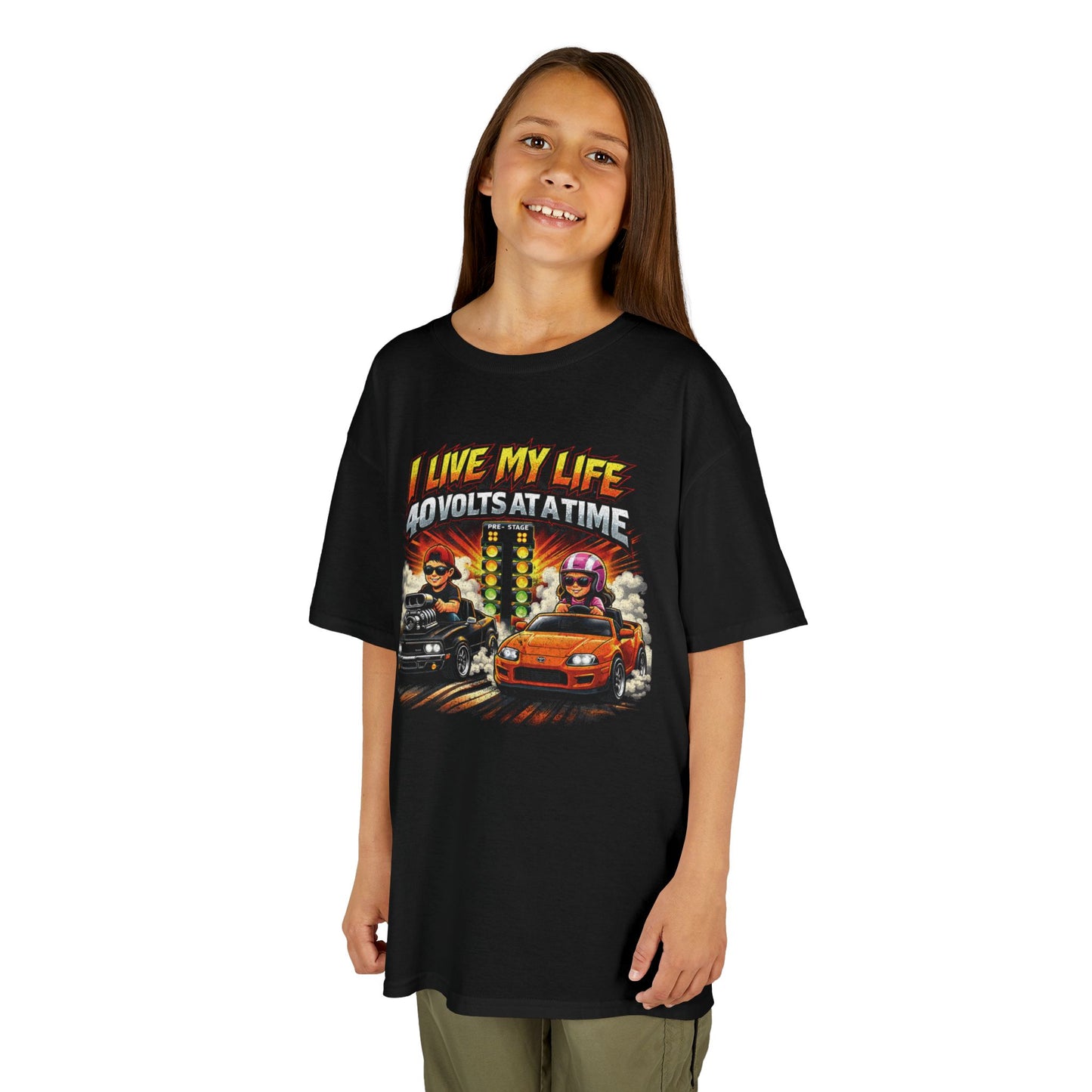 Kids Racing T‑Shirt - "I Live My Life 40 Volts at a Time" Car Graphic Tee