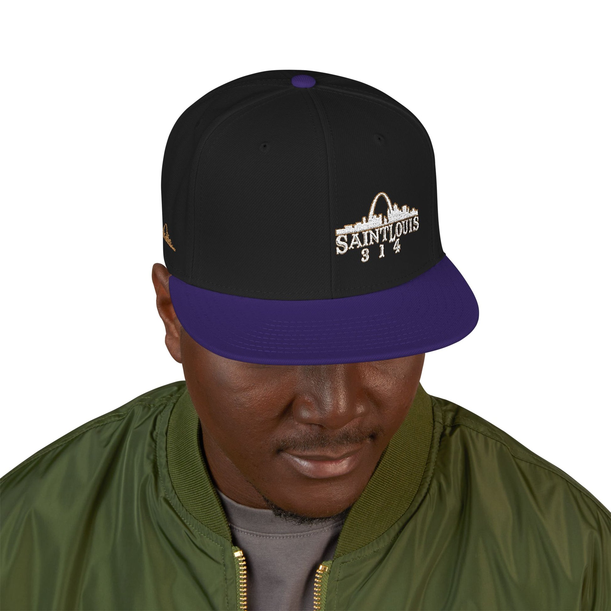 Embroidered Snapback Hat - Saint Louis - White and Gold Lettering Printify