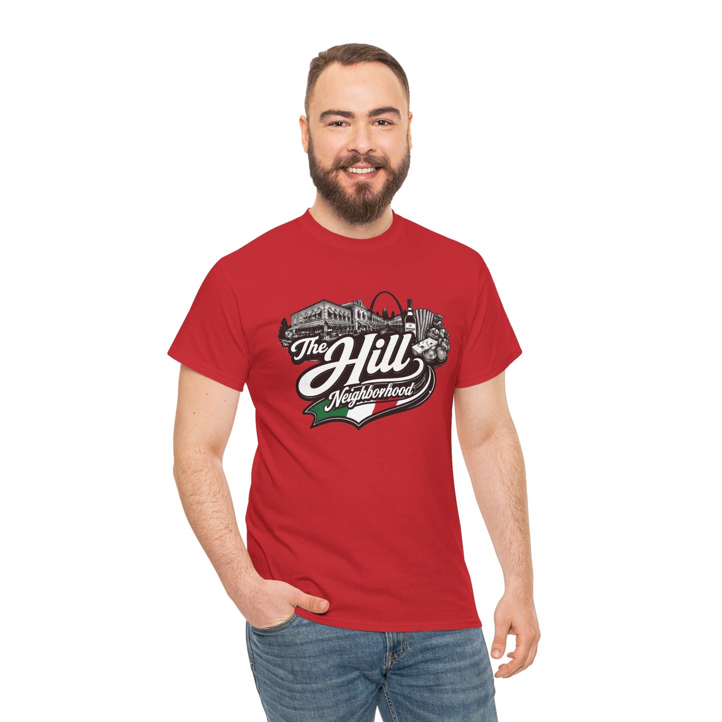 The Hill Neighborhood T-Shirt — Vintage Cityscape Tee with Red, White & Green Accents