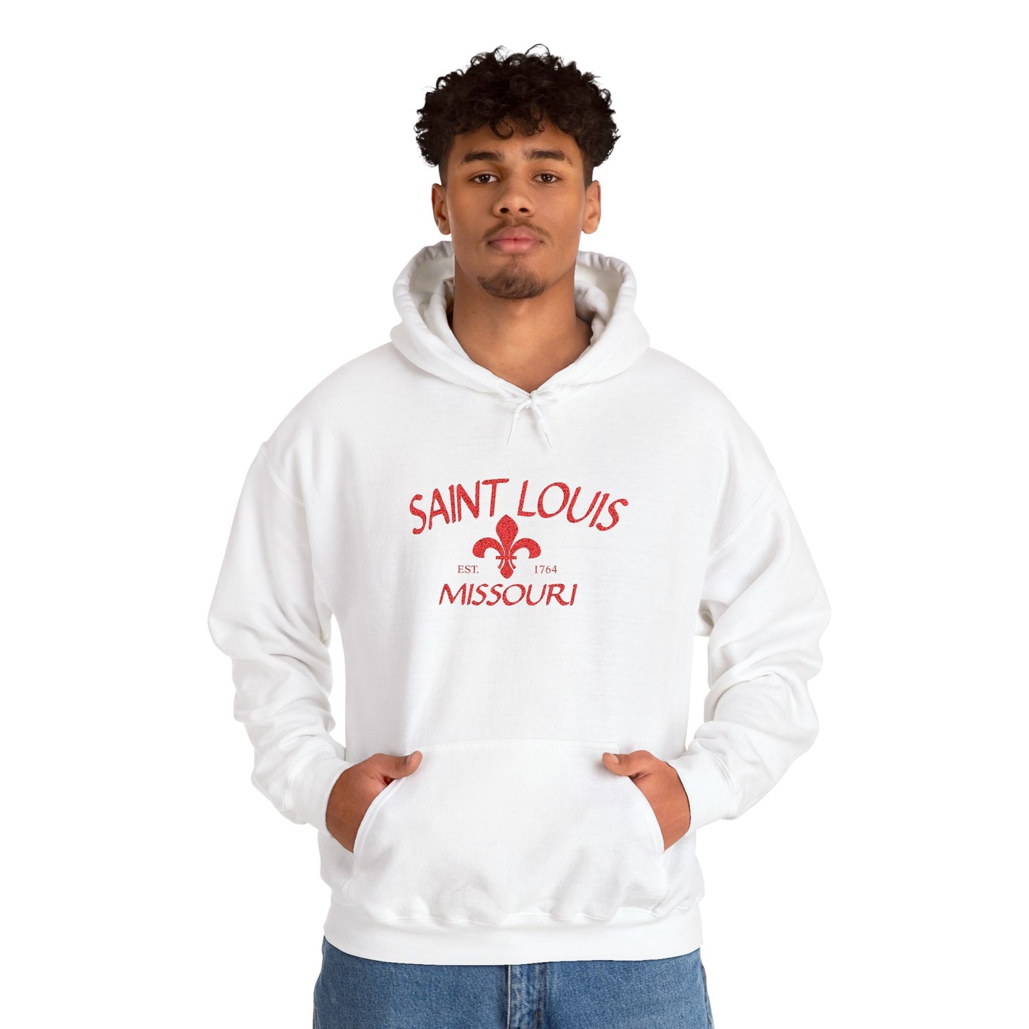 Saint Louis Missouri Embroidered Hoodie — Red Lettering