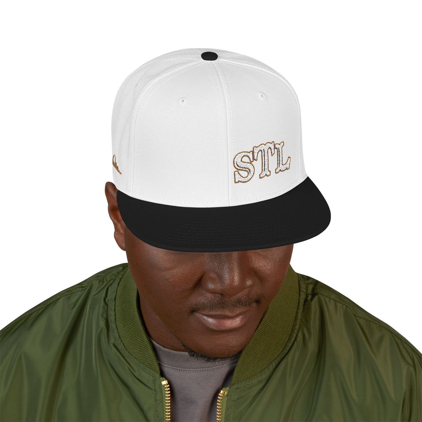 STL Embroidered Snapback Hat- Gold & White Lettering Printify