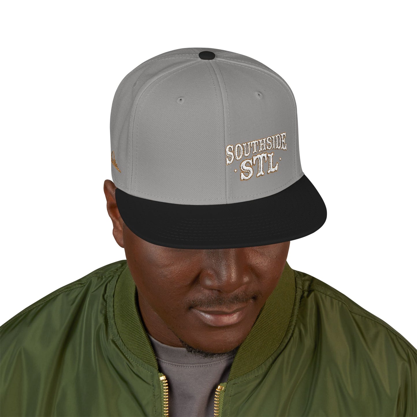 Embroidered Snapback Hat - Southside STL - White & Gold Lettering Printify