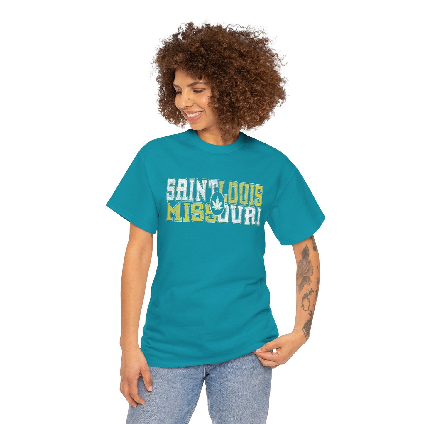 Saint Louis Missouri Tee - Retro Collegiate Cannabis Leaf Design