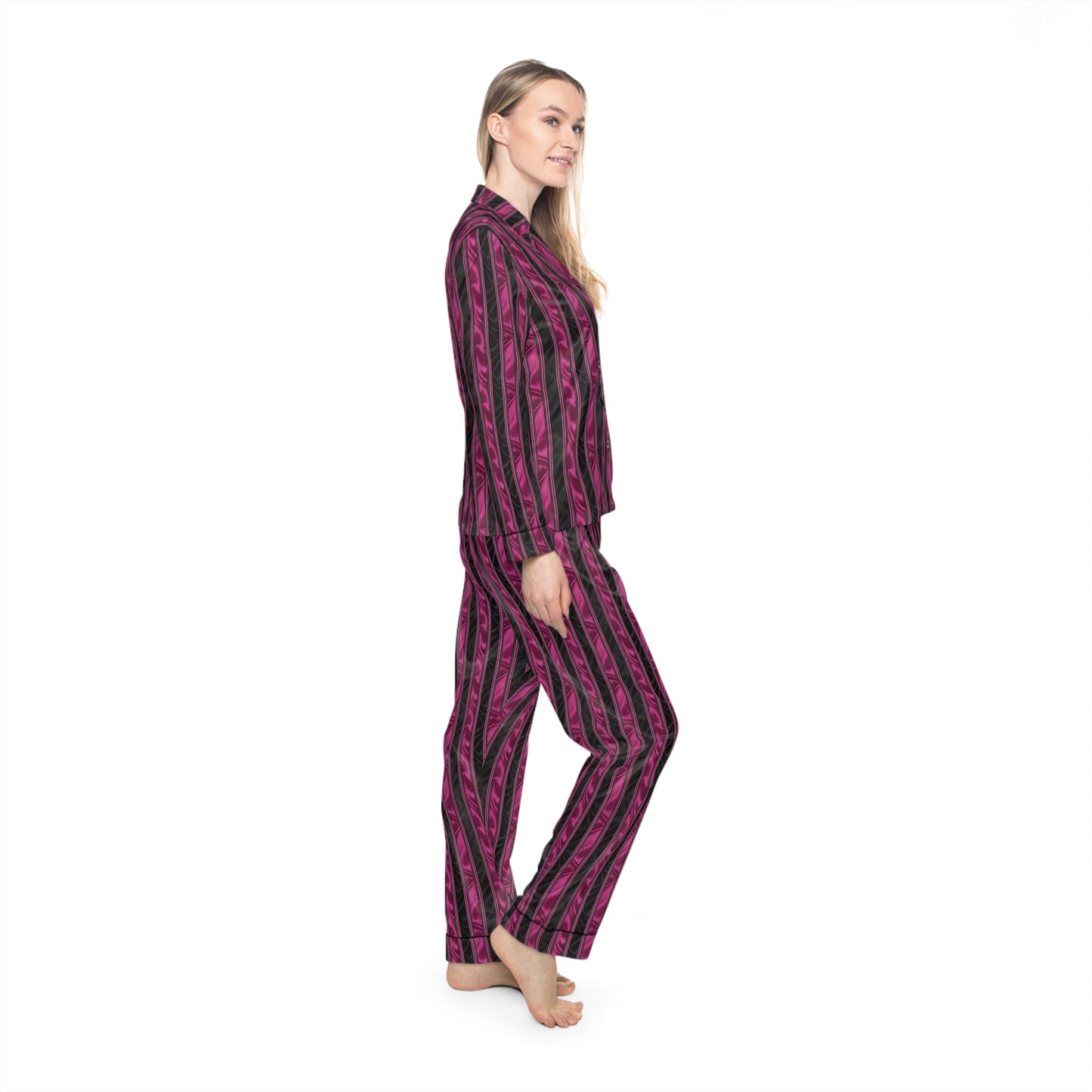 Pink and Black Striped Satin Pajama Set