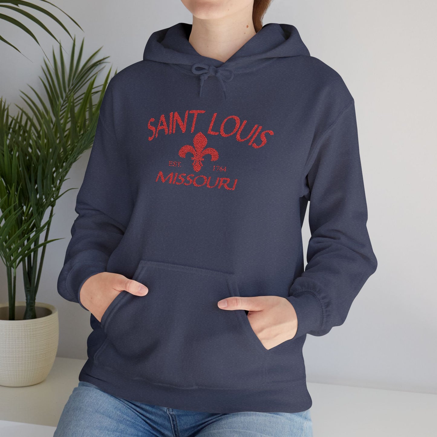 Saint Louis Missouri Embroidered Hoodie — Red Lettering