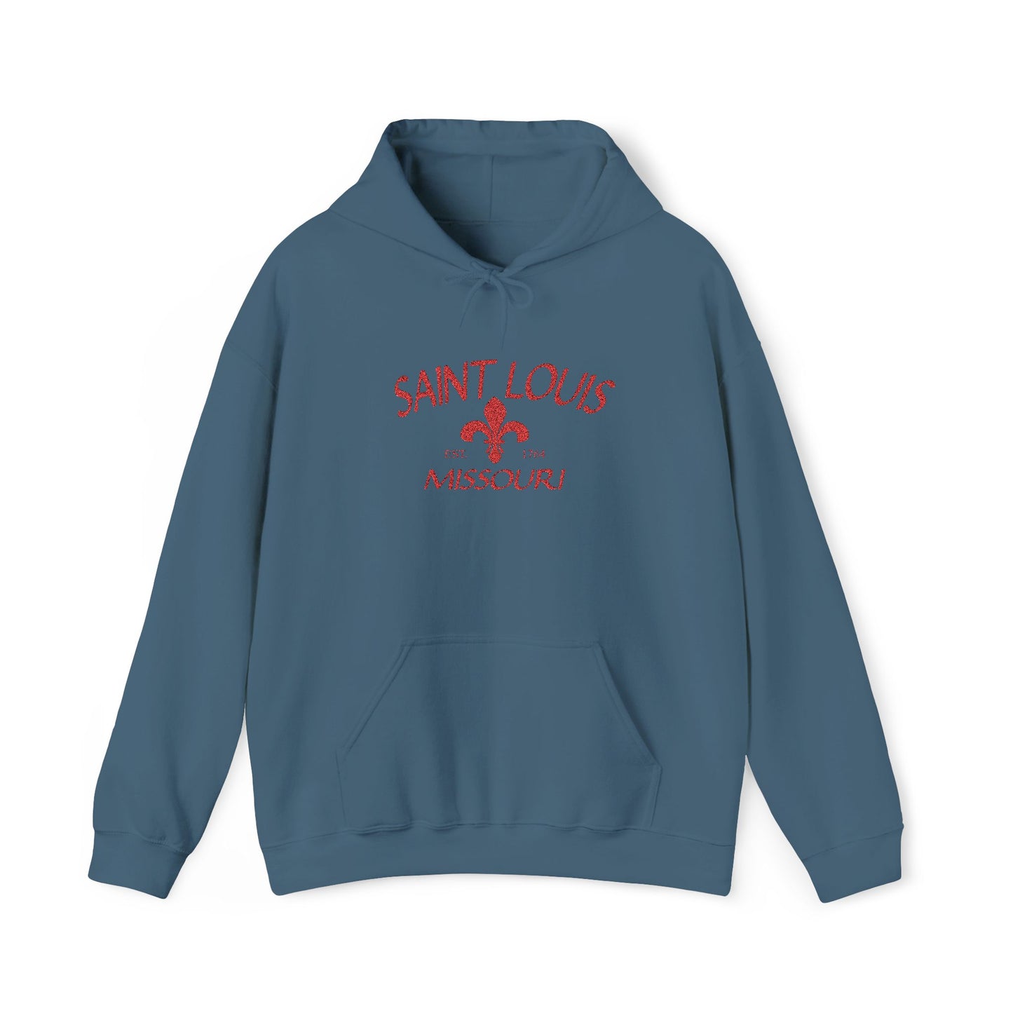 Saint Louis Missouri Embroidered Hoodie — Red Lettering