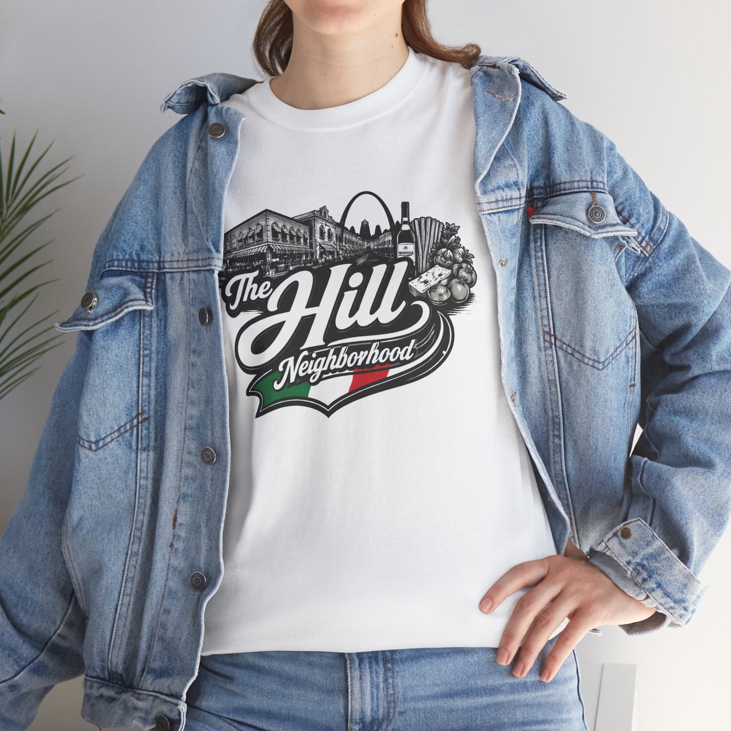 The Hill Neighborhood T-Shirt — Vintage Cityscape Tee with Red, White & Green Accents