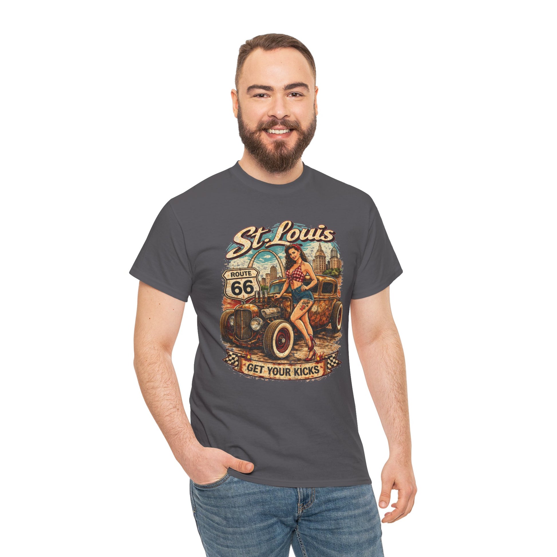 St. Louis Route 66 Vintage Car T‑Shirt — "Get Your Kicks" Retro Road Trip Tee Printify