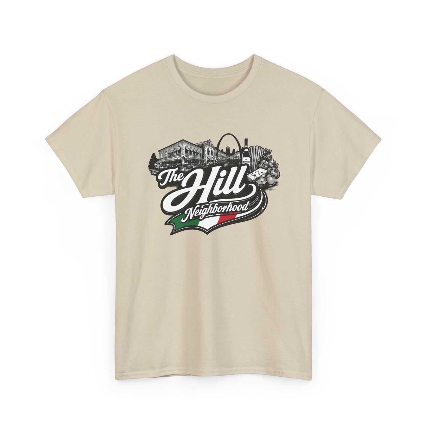 The Hill Neighborhood T-Shirt — Vintage Cityscape Tee with Red, White & Green Accents