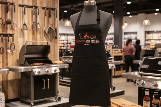 BBQ Apron — “Wine, Fire, Good Decisions” Grilling Apron for Wine-Loving Grillmasters