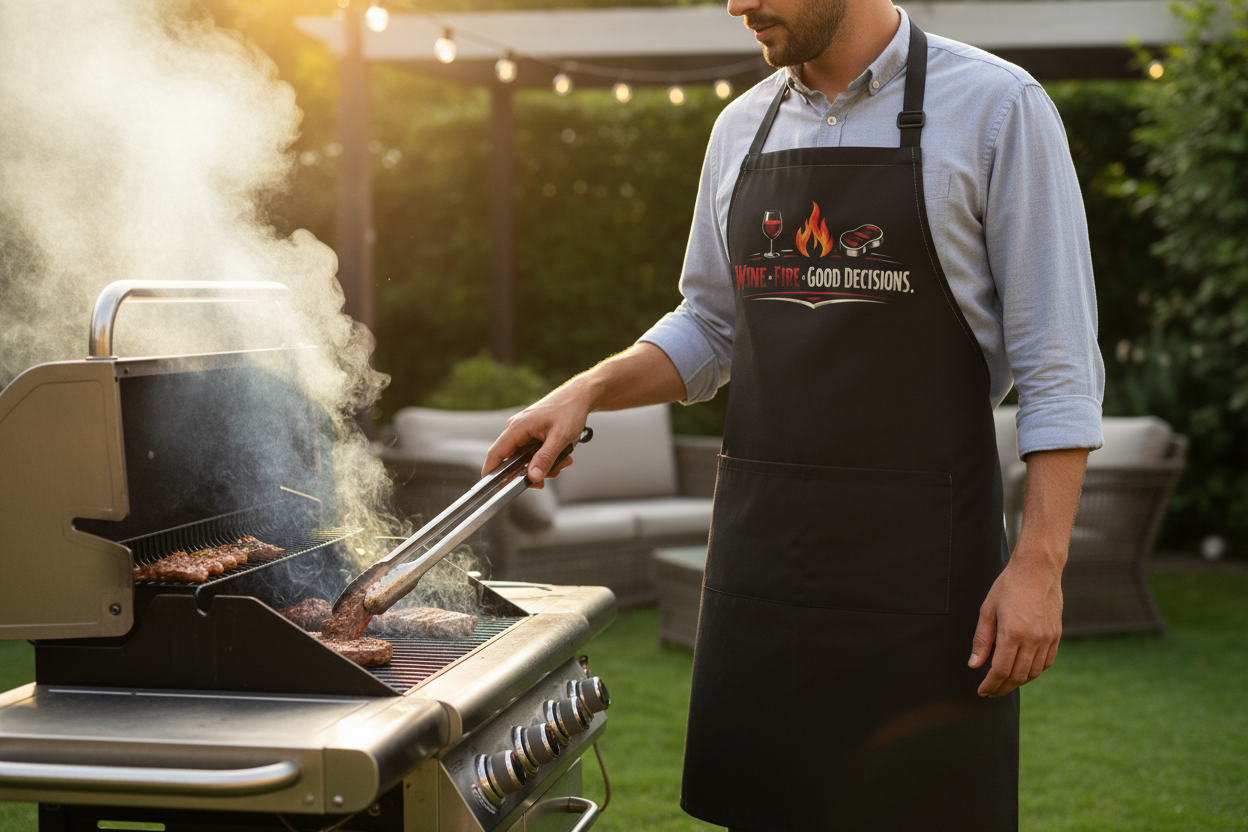BBQ Apron — “Wine, Fire, Good Decisions” Grilling Apron for Wine-Loving Grillmasters