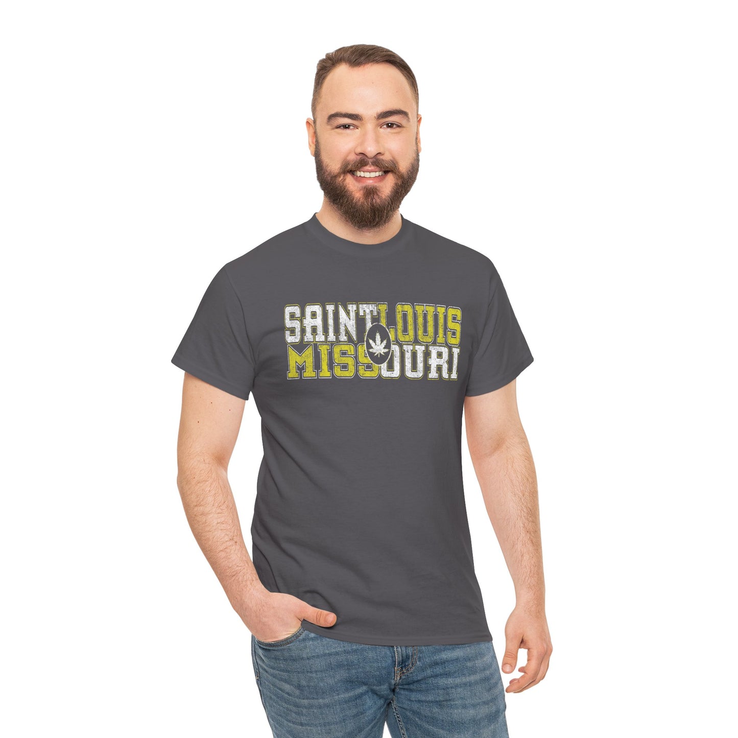 Saint Louis Missouri Tee - Retro Collegiate Cannabis Leaf Design