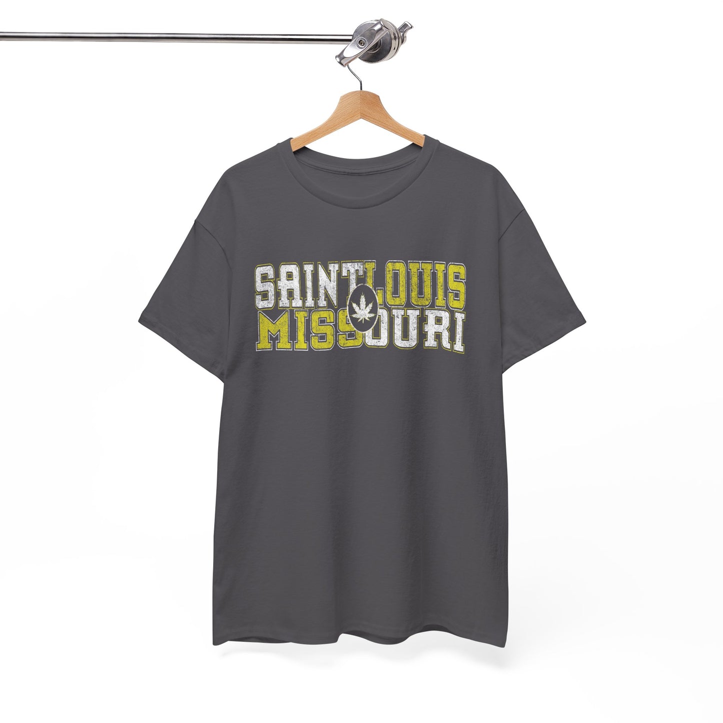 Saint Louis Missouri Tee - Retro Collegiate Cannabis Leaf Design
