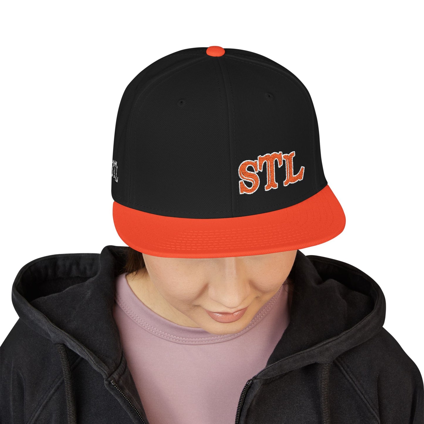 STL Embroidered Snapback Hat-Orange & White Lettering Printify