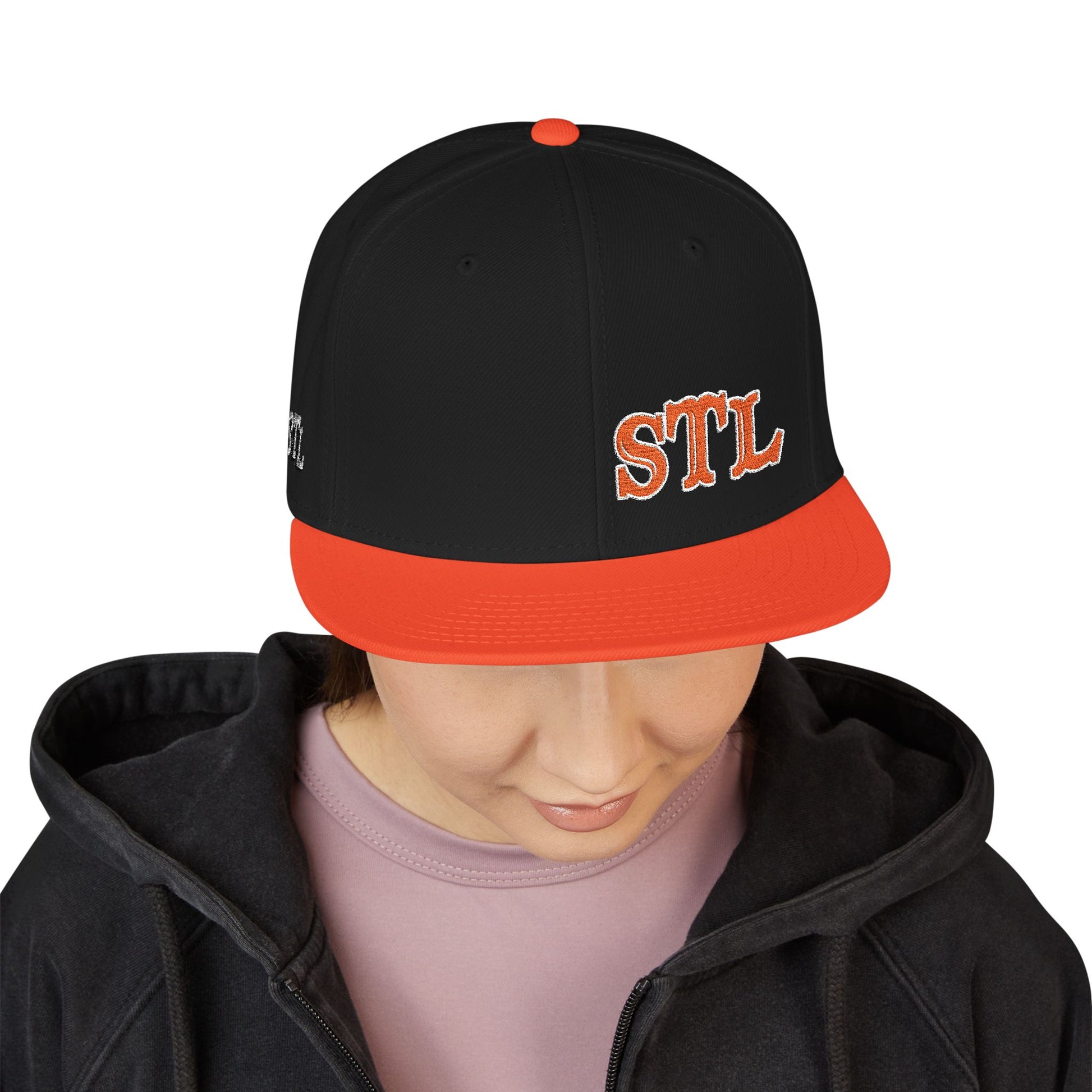 STL Embroidered Snapback Hat-Orange & White Lettering Printify