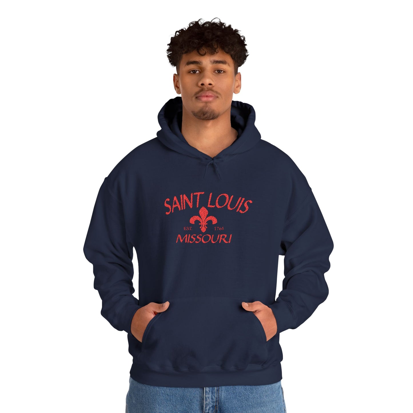 Saint Louis Missouri Embroidered Hoodie — Red Lettering