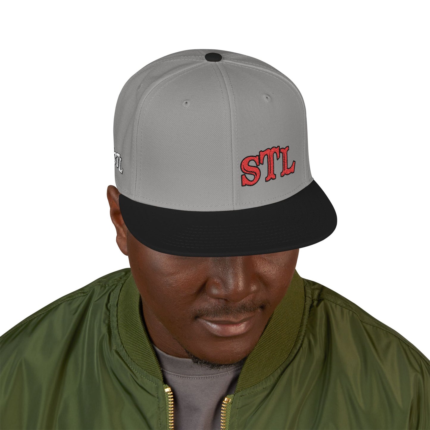 STL Embroidered Snapback Hat-Red & Black Lettering Printify