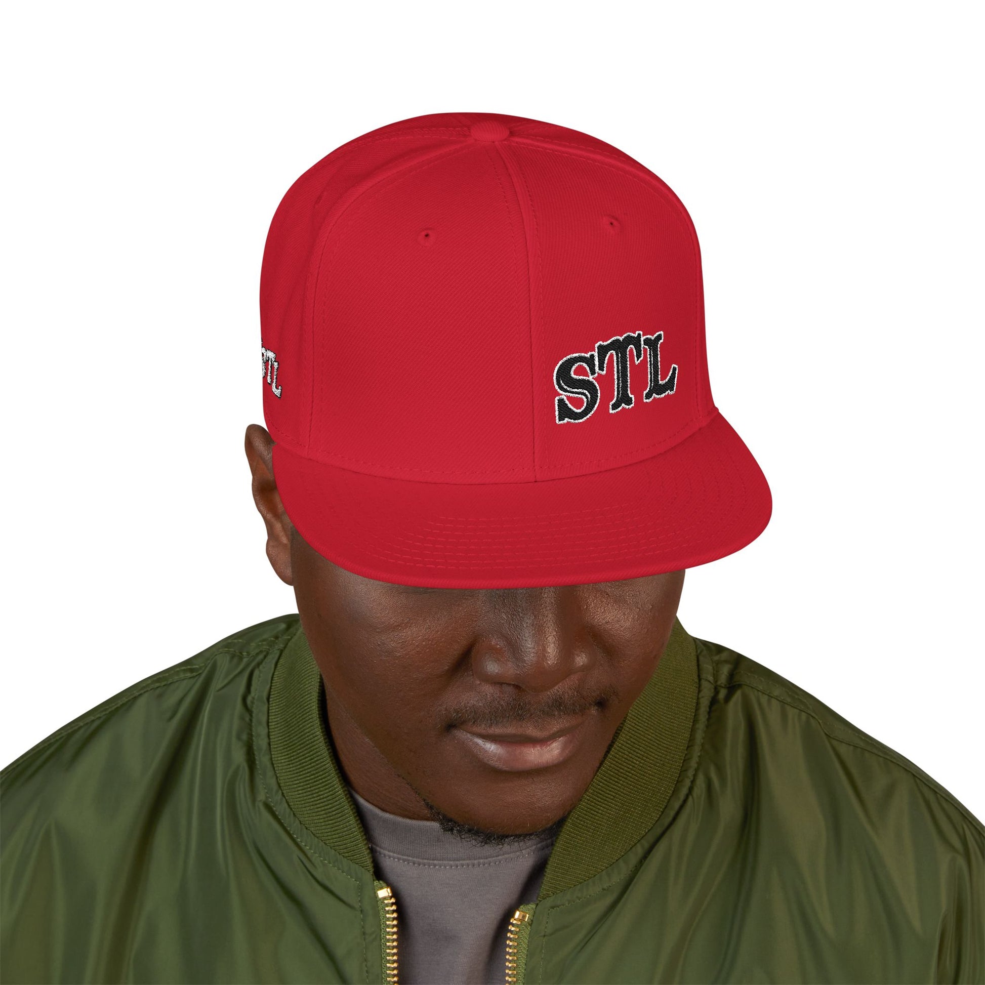STL Embroidered Snapback Hat- Black & White Lettering Printify