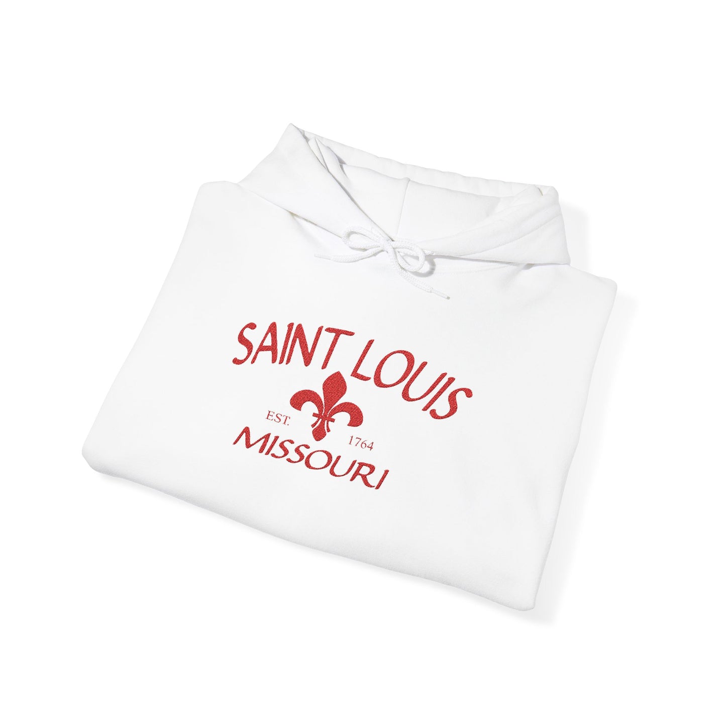 Saint Louis Missouri Embroidered Hoodie — Red Lettering