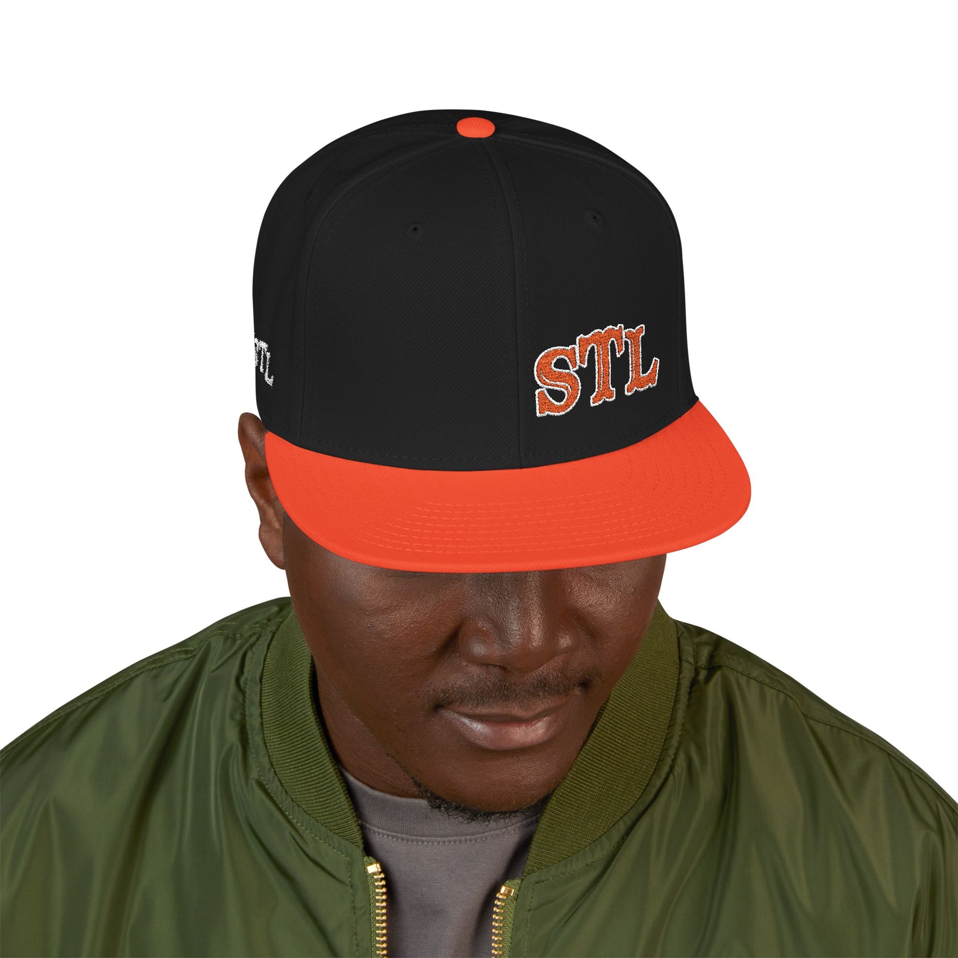 STL Embroidered Snapback Hat-Orange & White Lettering Printify