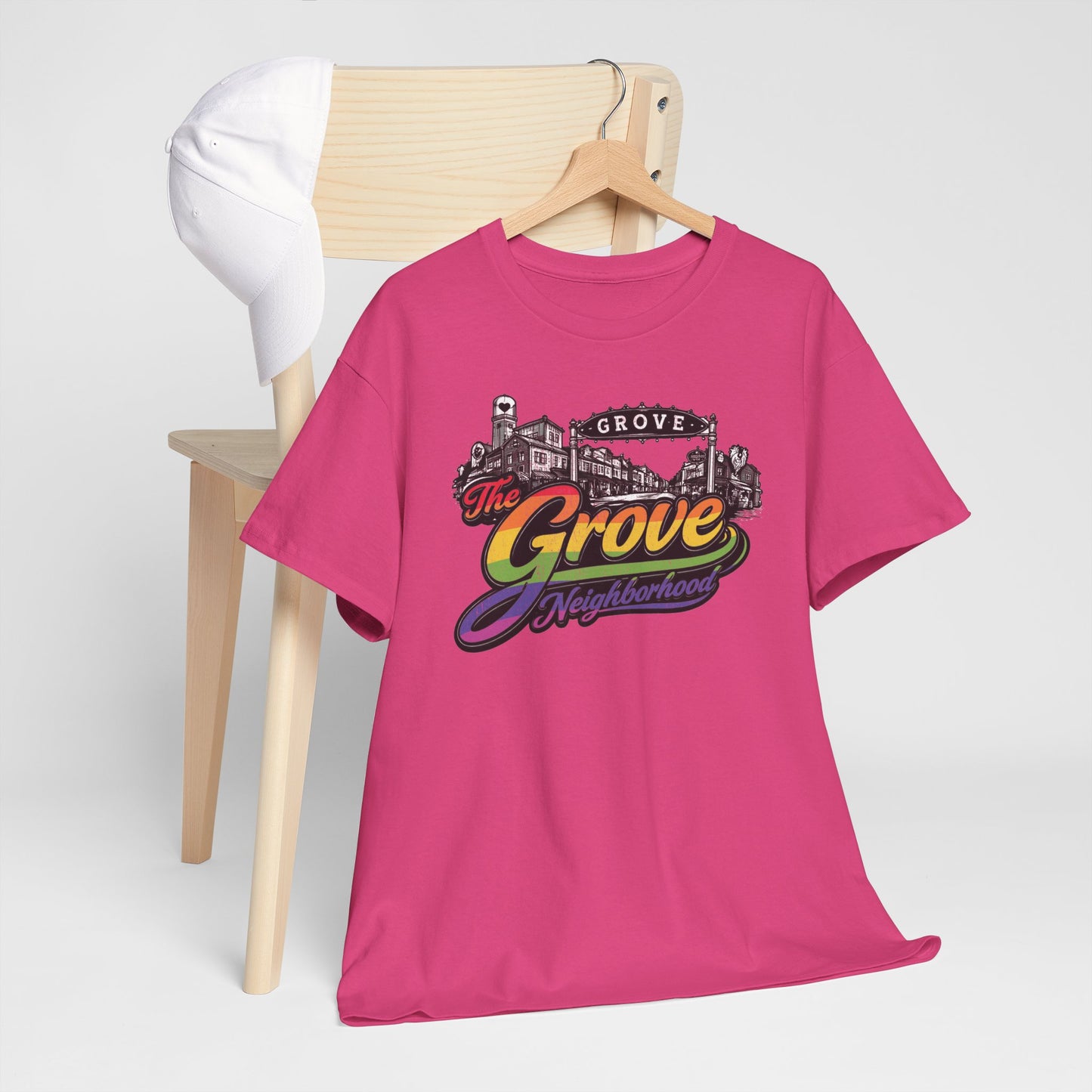 The Grove Neighborhood Tee — Retro Rainbow Logo T-Shirt
