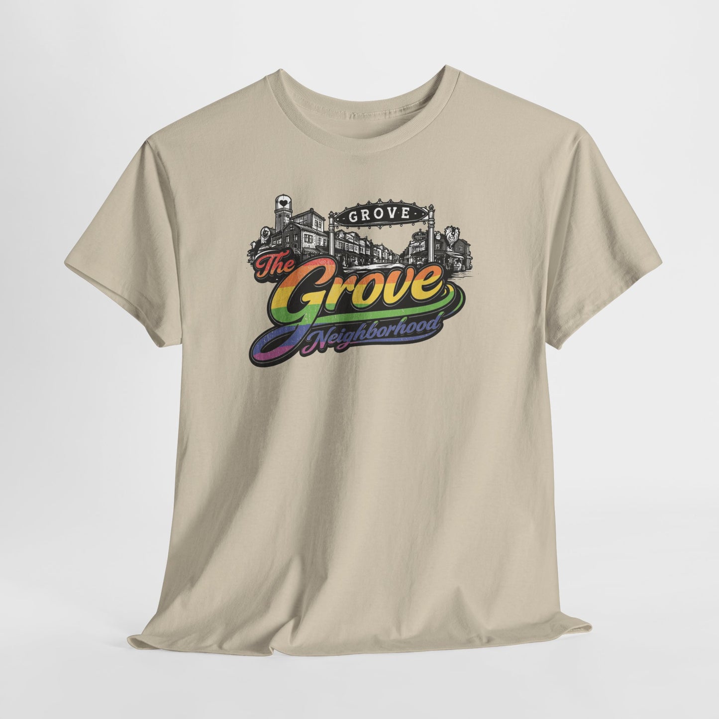 The Grove Neighborhood Tee — Retro Rainbow Logo T-Shirt