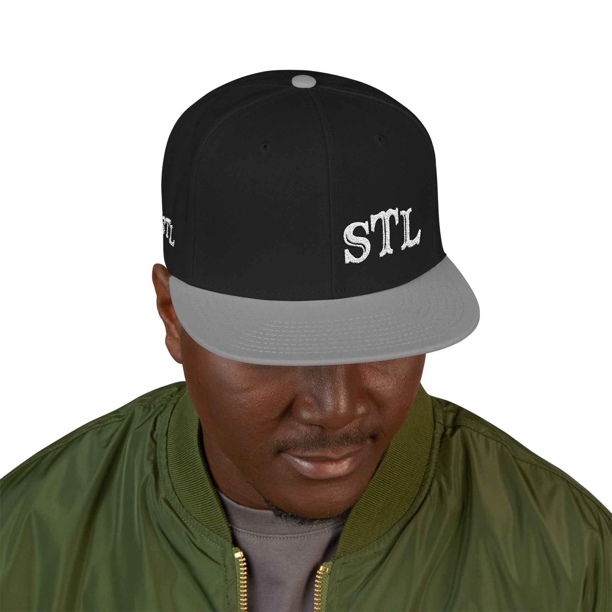 STL Embroidered Snapback Hat-White Lettering Printify