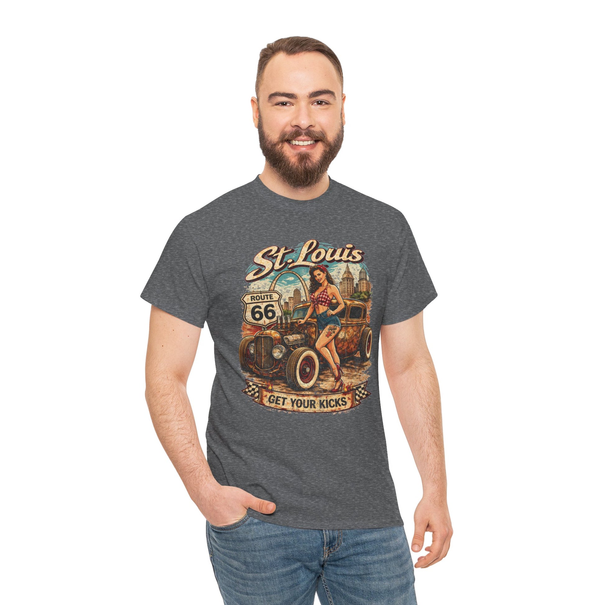 St. Louis Route 66 Vintage Car T‑Shirt — "Get Your Kicks" Retro Road Trip Tee Printify