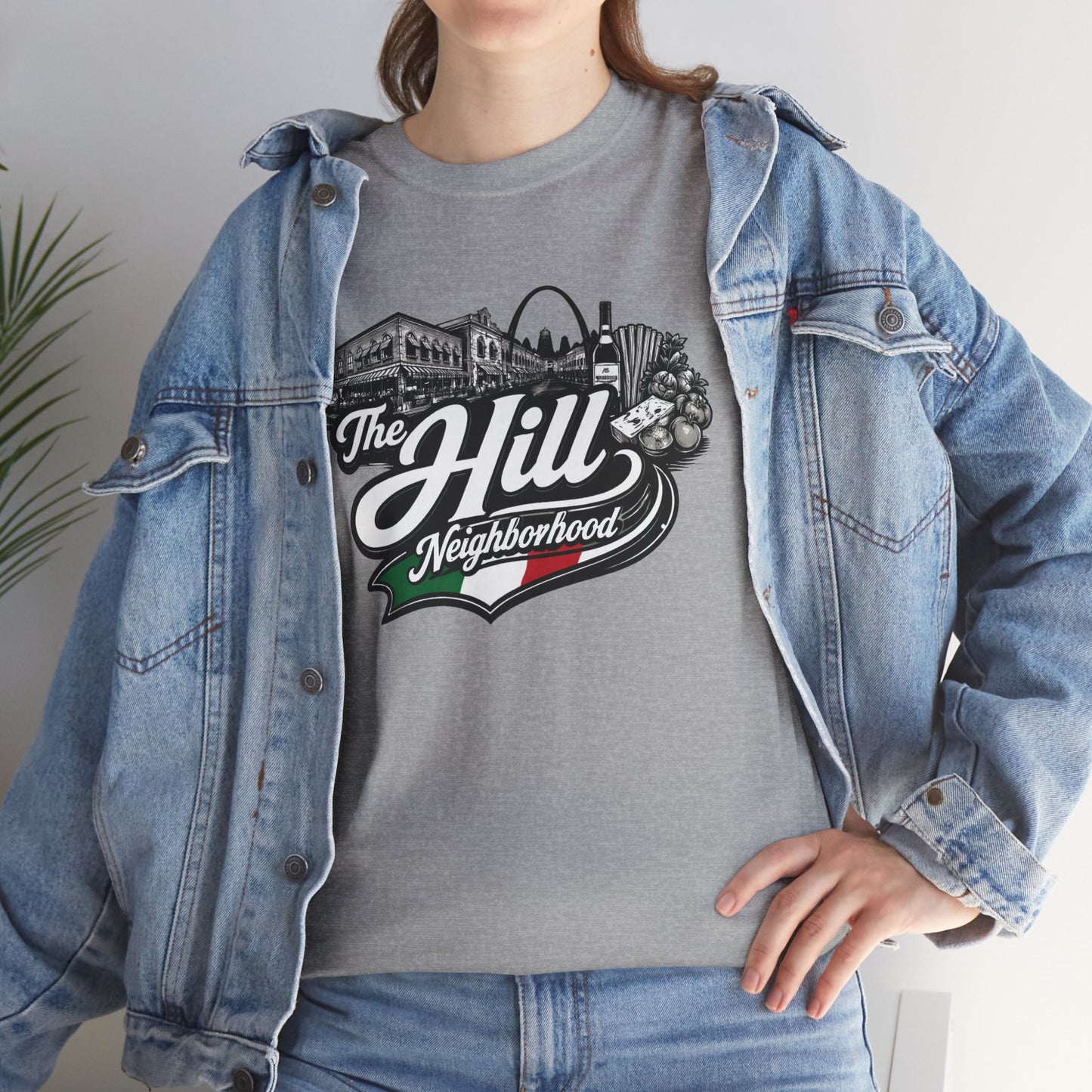 The Hill Neighborhood T-Shirt — Vintage Cityscape Tee with Red, White & Green Accents