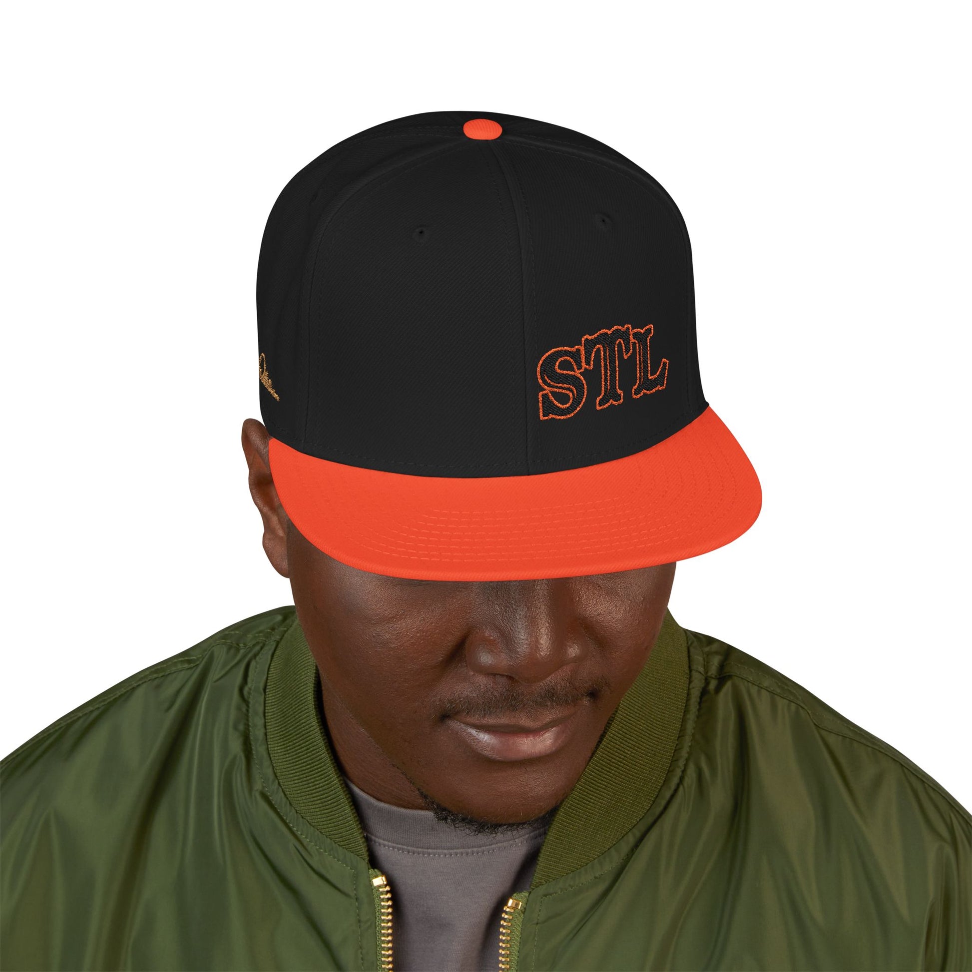 STL Embroidered Snapback Hat- Black & Orange Lettering Printify