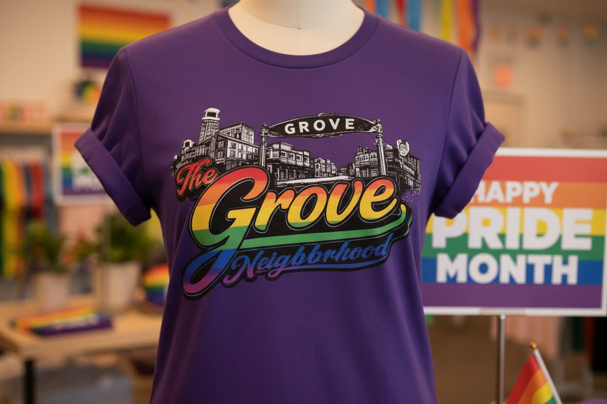 The Grove Neighborhood Tee — Retro Rainbow Logo T-Shirt