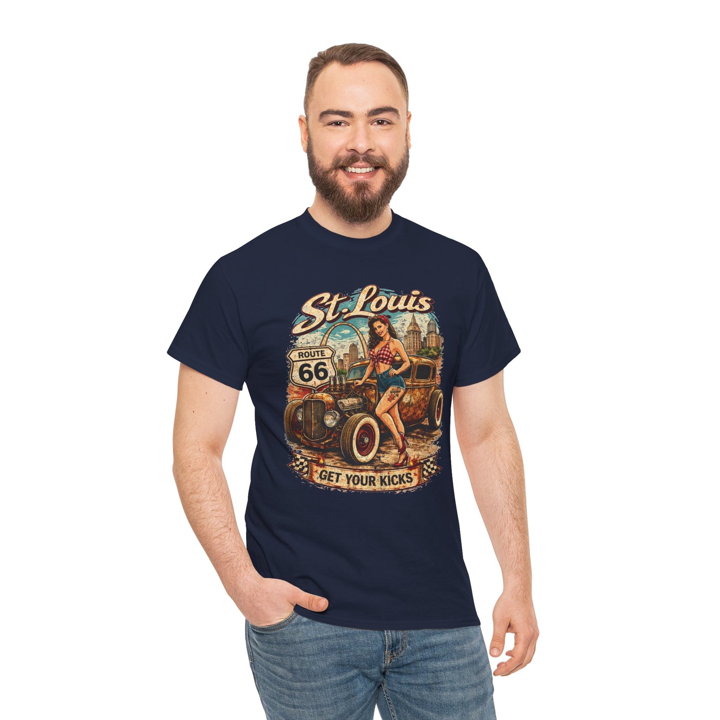 St. Louis Route 66 Vintage Car T‑Shirt — "Get Your Kicks" Retro Road Trip Tee Printify