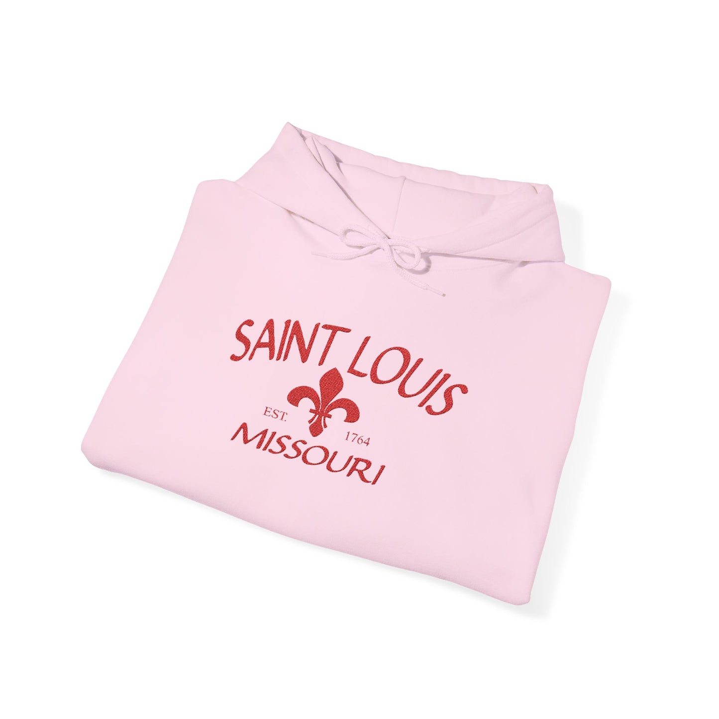 Saint Louis Missouri Embroidered Hoodie — Red Lettering