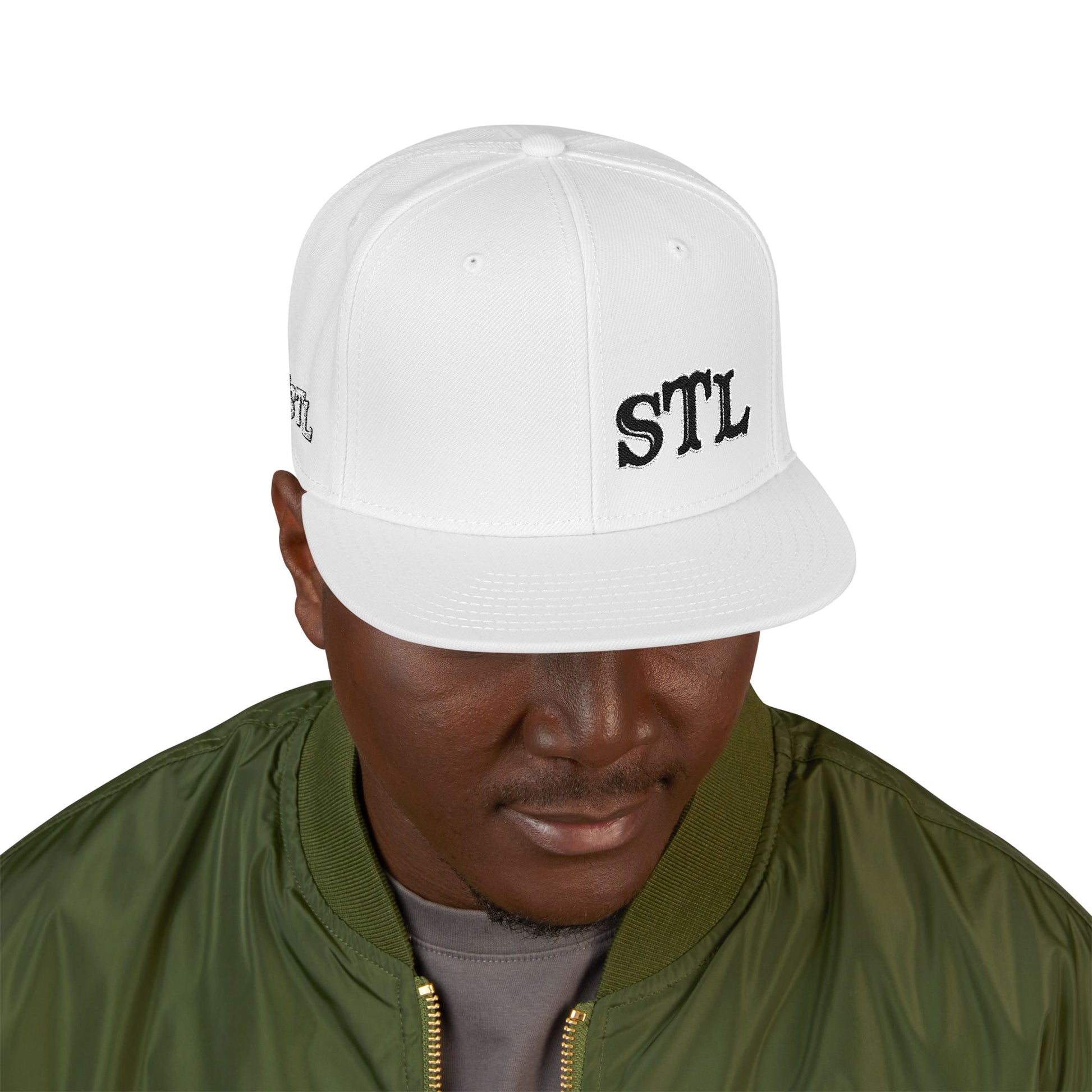 STL Embroidered Snapback Hat- Black & White Lettering Printify