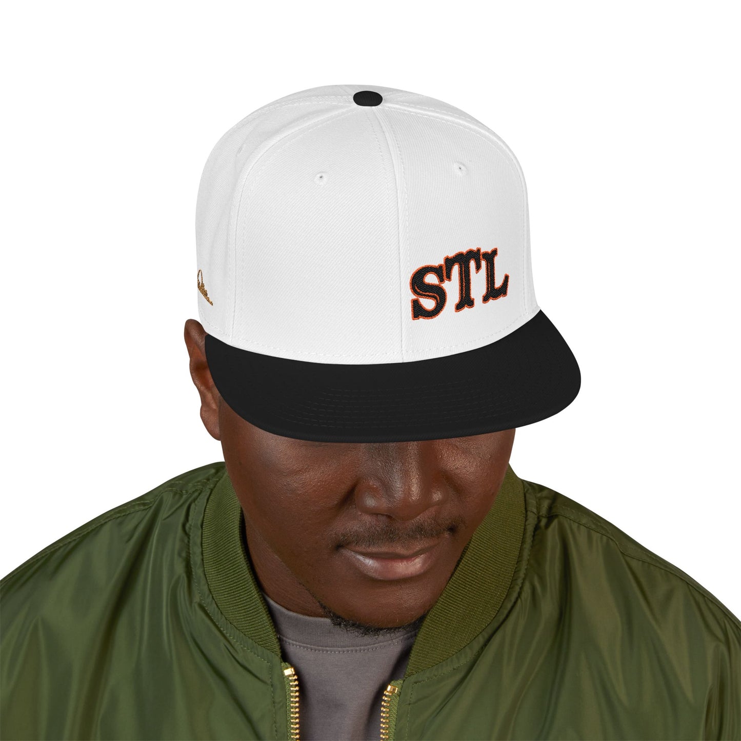 STL Embroidered Snapback Hat- Black & Orange Lettering Printify
