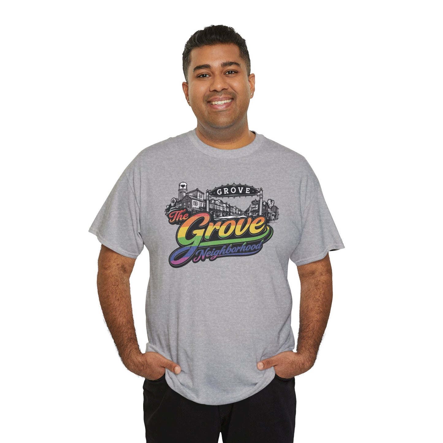 The Grove Neighborhood Tee — Retro Rainbow Logo T-Shirt