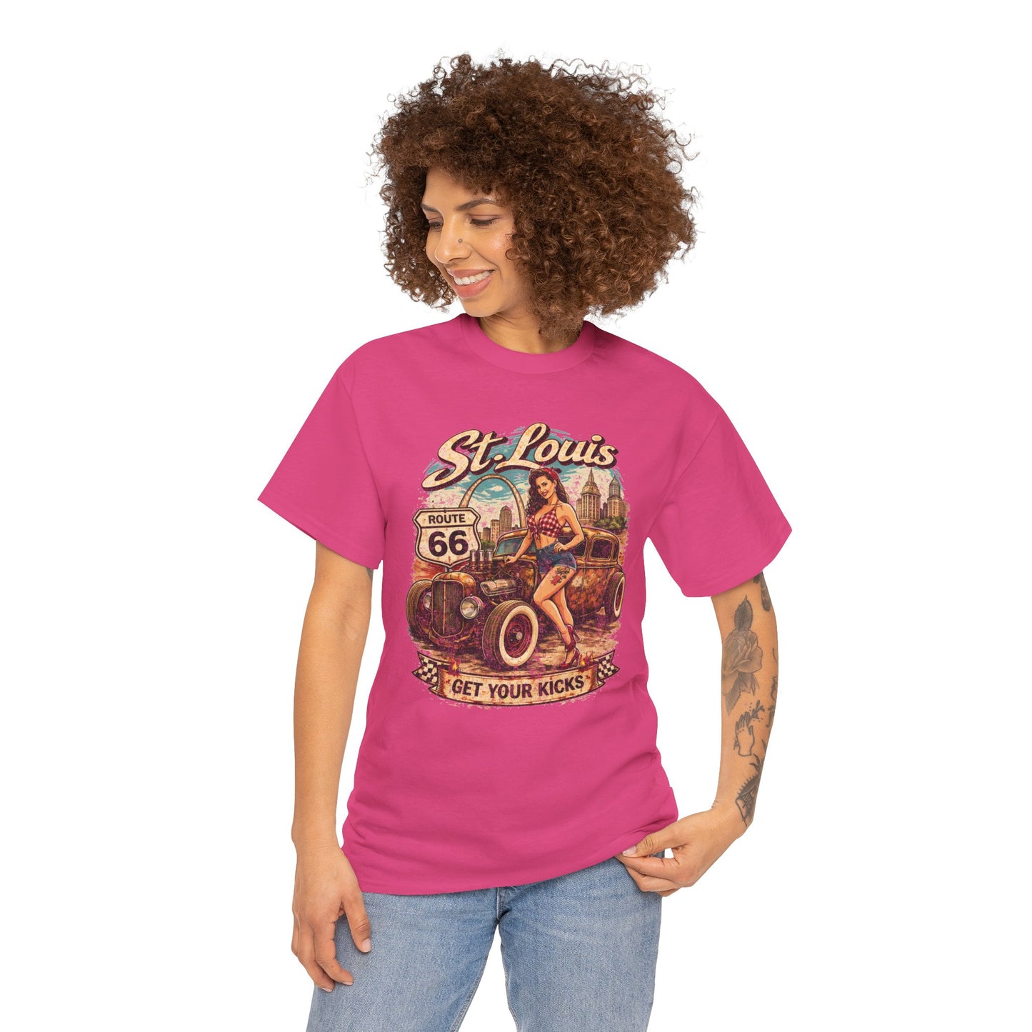 St. Louis Route 66 Vintage Car T‑Shirt — "Get Your Kicks" Retro Road Trip Tee Printify