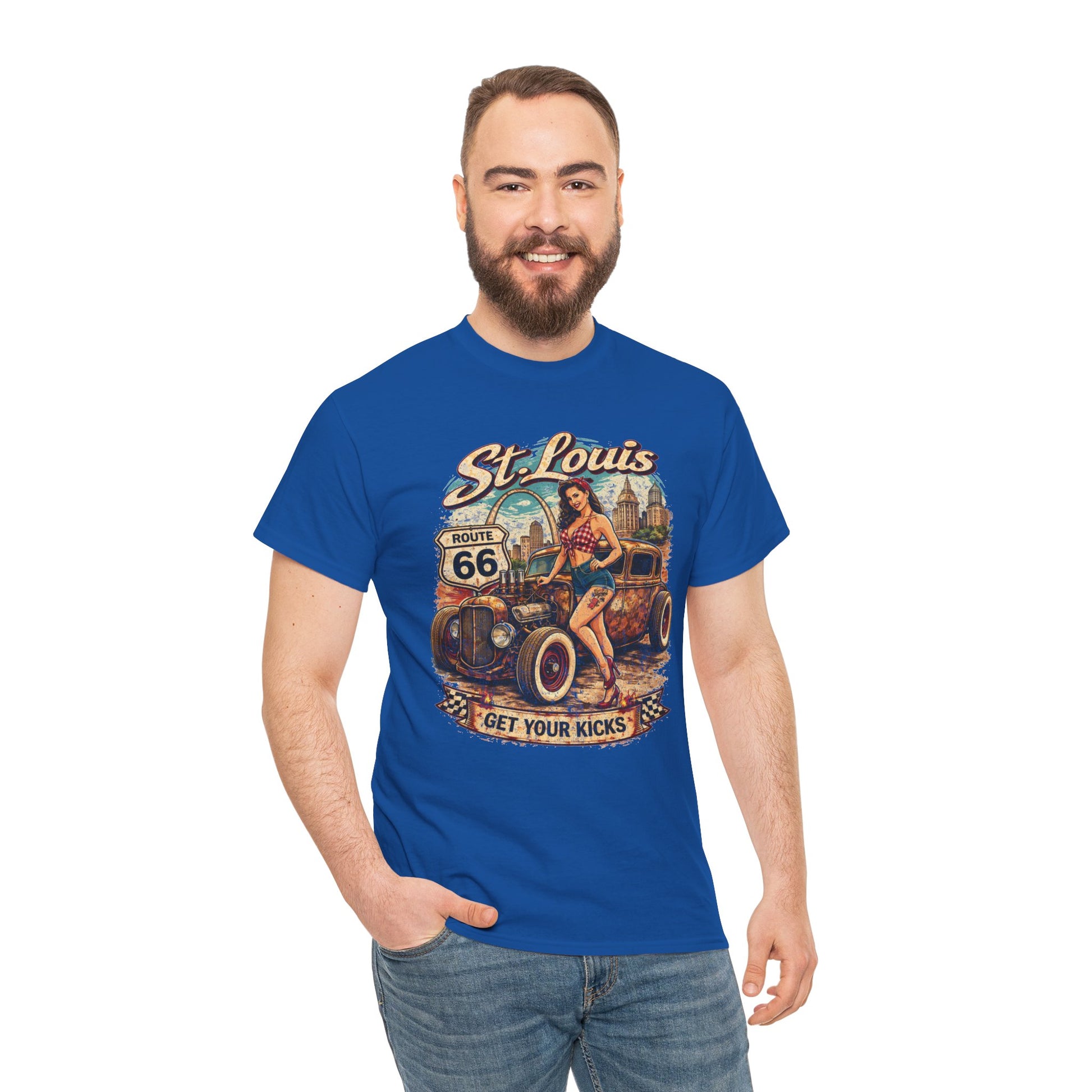 St. Louis Route 66 Vintage Car T‑Shirt — "Get Your Kicks" Retro Road Trip Tee Printify