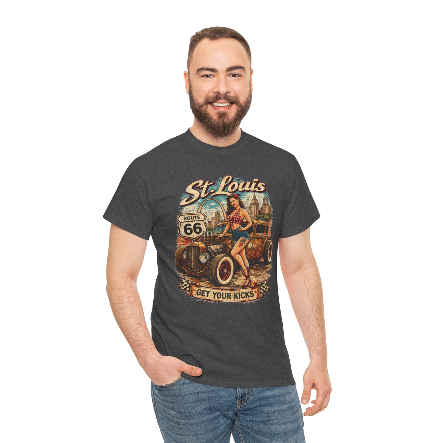 St. Louis Route 66 Vintage Car T‑Shirt — "Get Your Kicks" Retro Road Trip Tee Printify