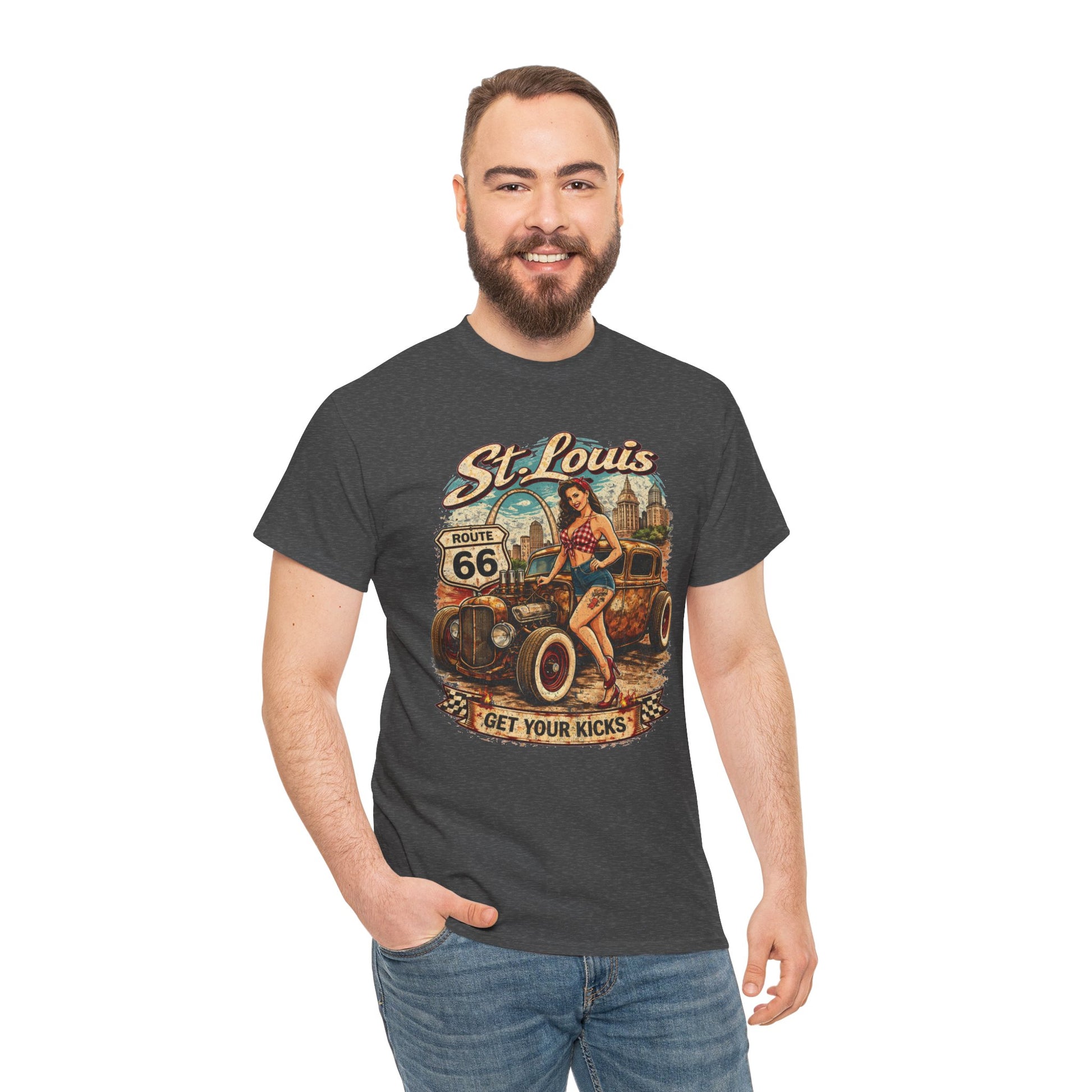St. Louis Route 66 Vintage Car T‑Shirt — "Get Your Kicks" Retro Road Trip Tee Printify