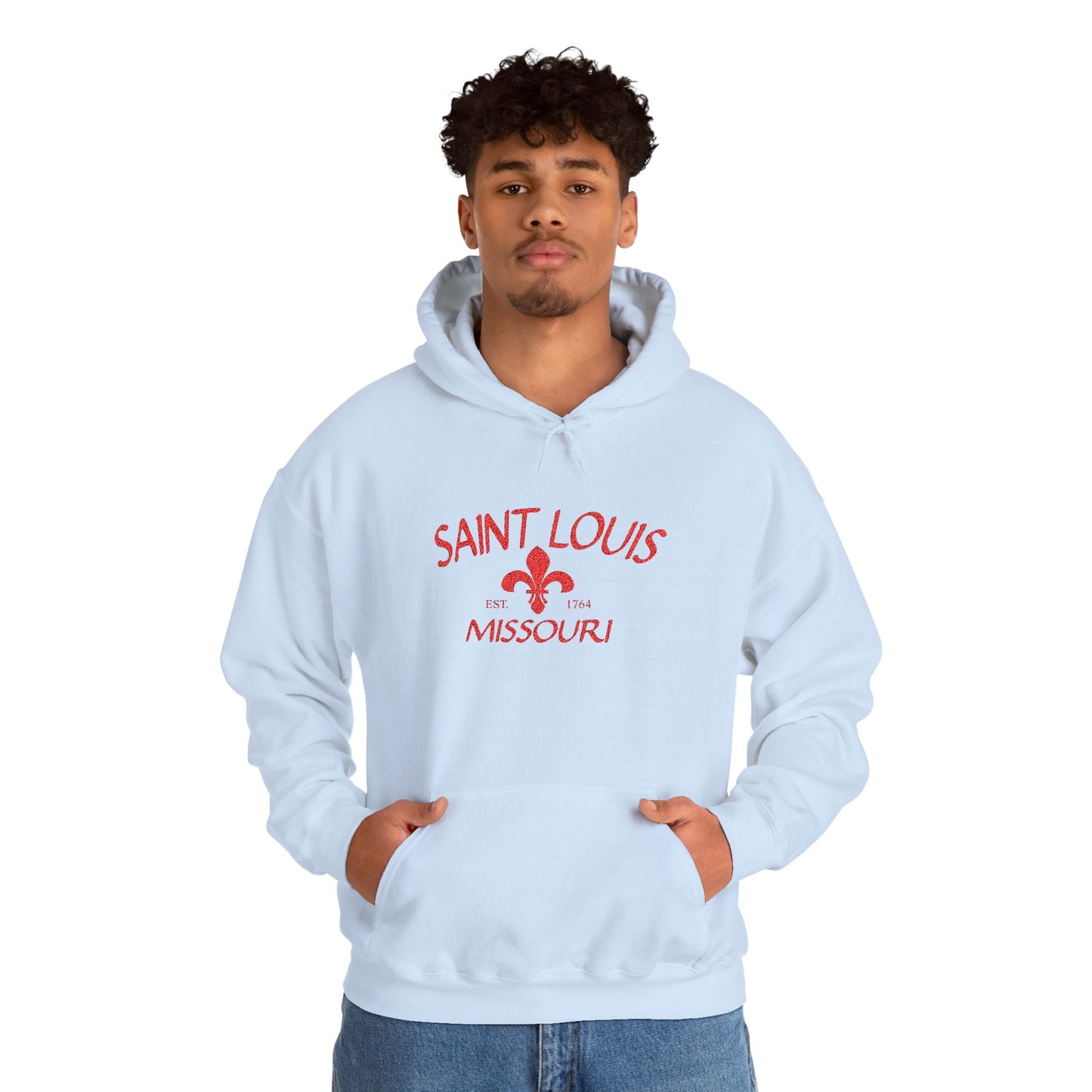 Saint Louis Missouri Embroidered Hoodie — Red Lettering
