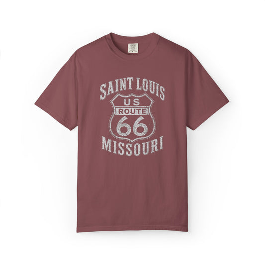 Saint Louis Route 66 Missouri T-Shirt — Vintage Road Trip Tee⚠️ Contains AI-generated models