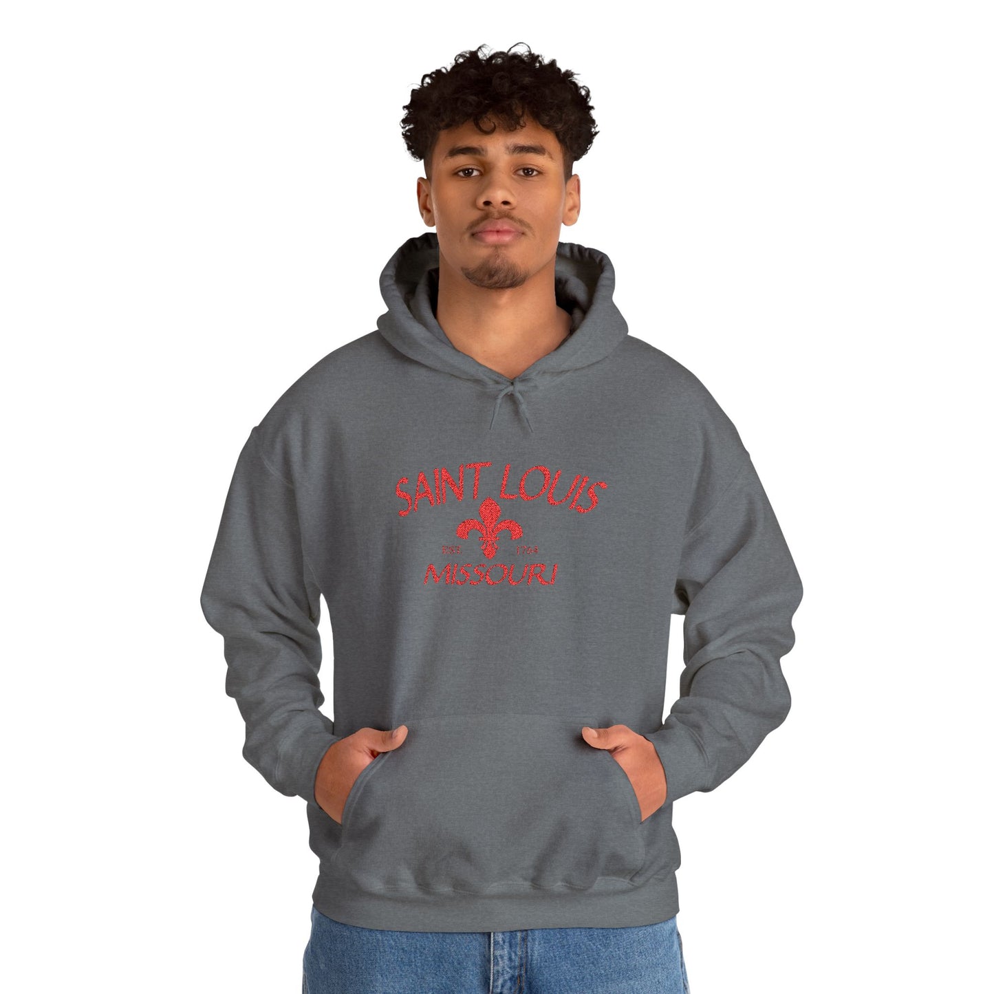 Saint Louis Missouri Embroidered Hoodie — Red Lettering