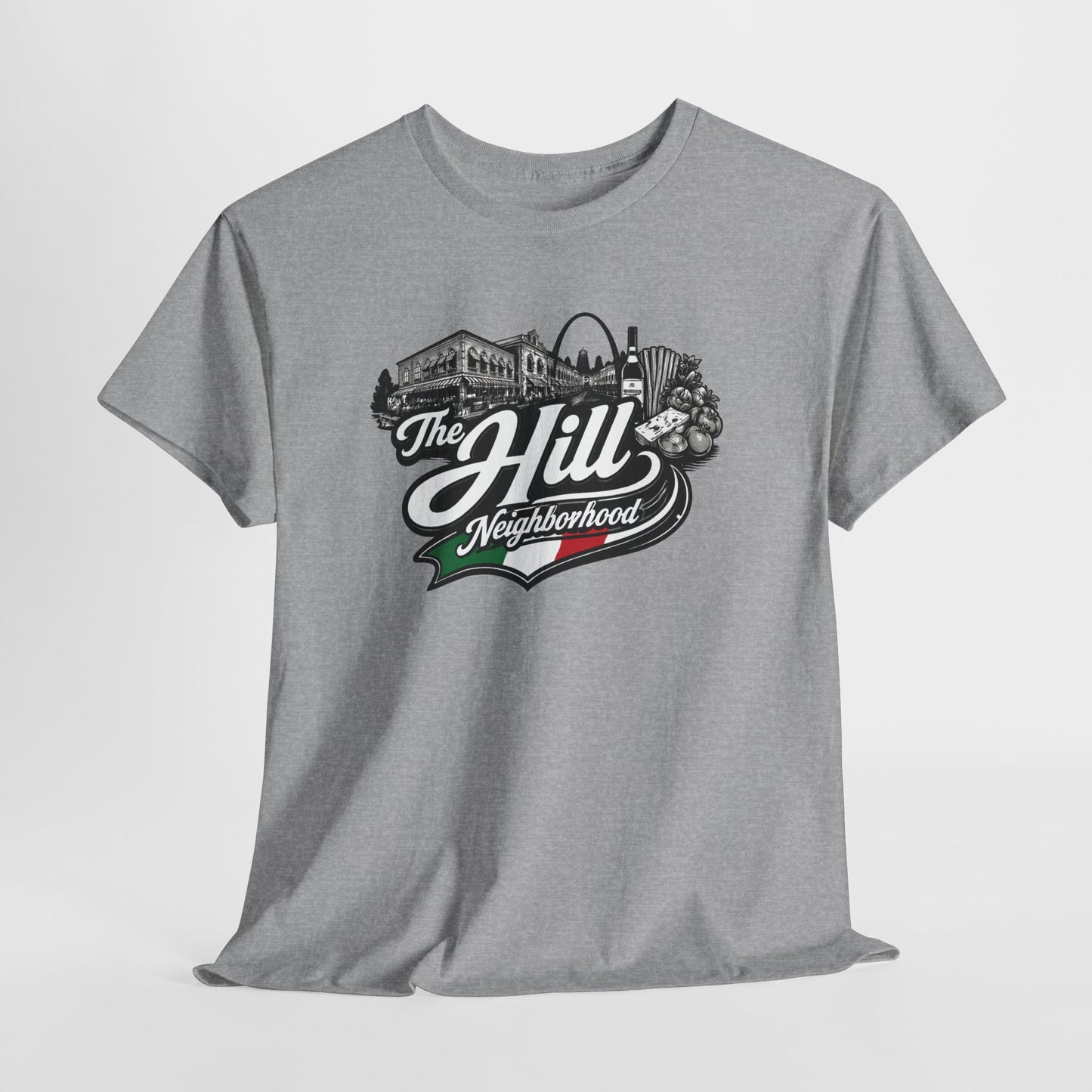 The Hill Neighborhood T-Shirt — Vintage Cityscape Tee with Red, White & Green Accents