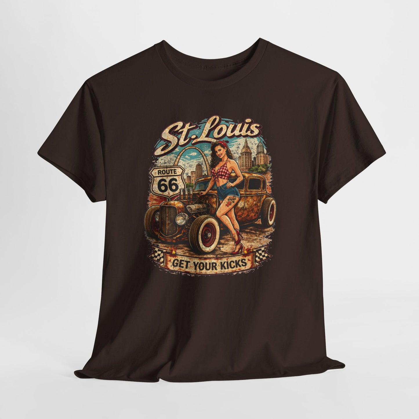 St. Louis Route 66 Vintage Car T‑Shirt — "Get Your Kicks" Retro Road Trip Tee Printify