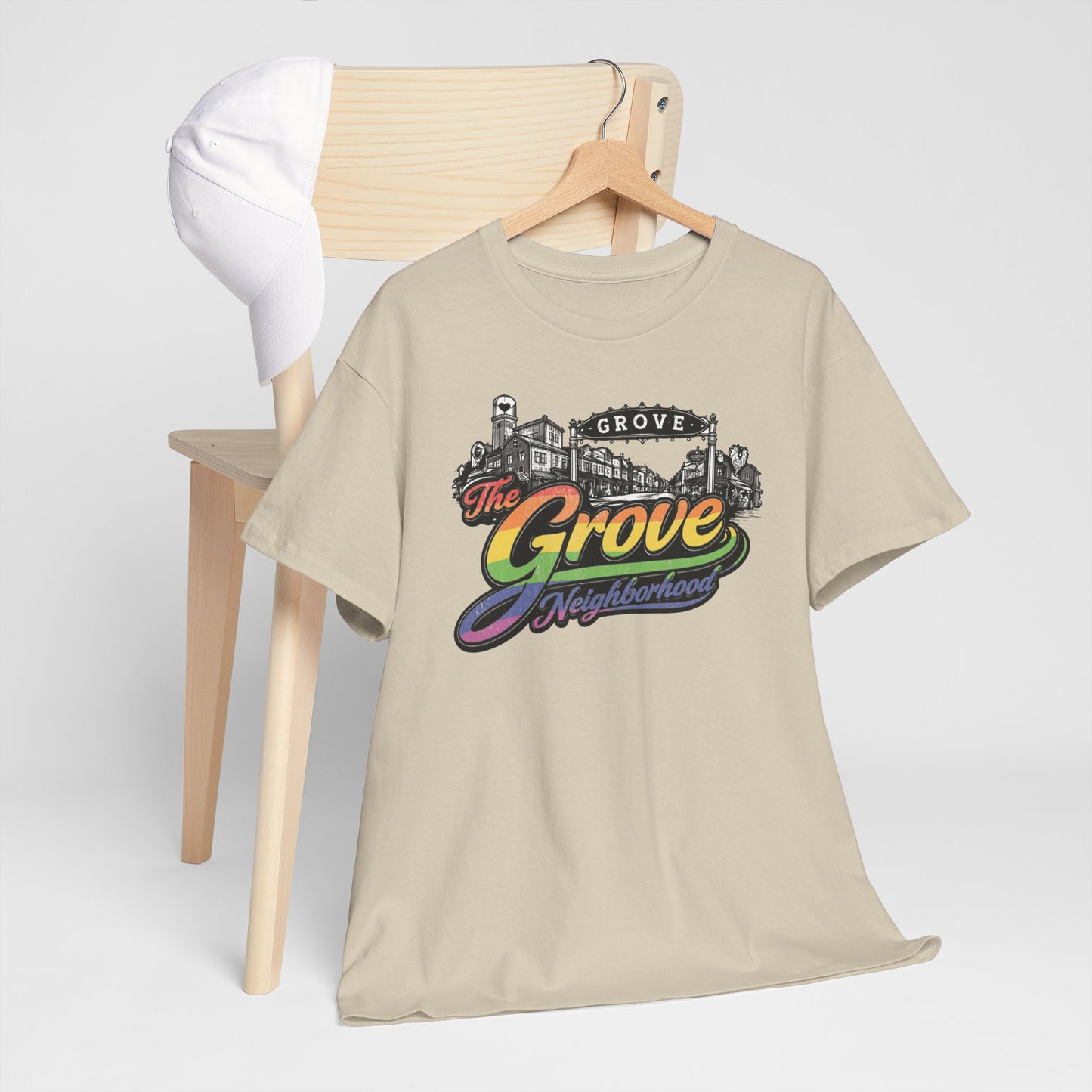The Grove Neighborhood Tee — Retro Rainbow Logo T-Shirt