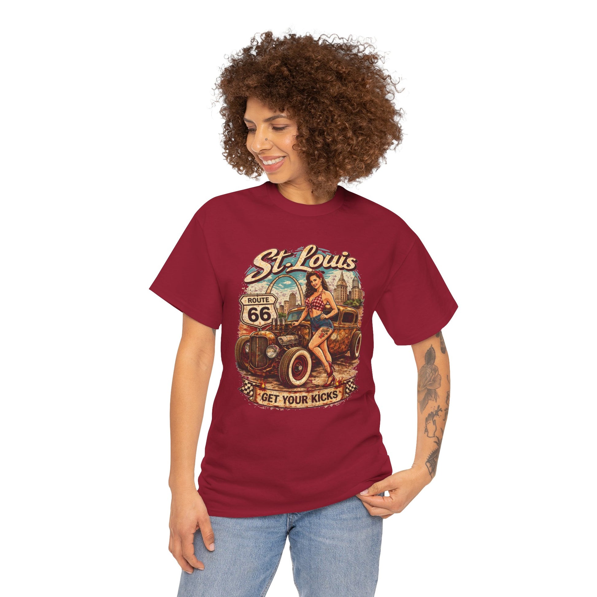 St. Louis Route 66 Vintage Car T‑Shirt — "Get Your Kicks" Retro Road Trip Tee Printify
