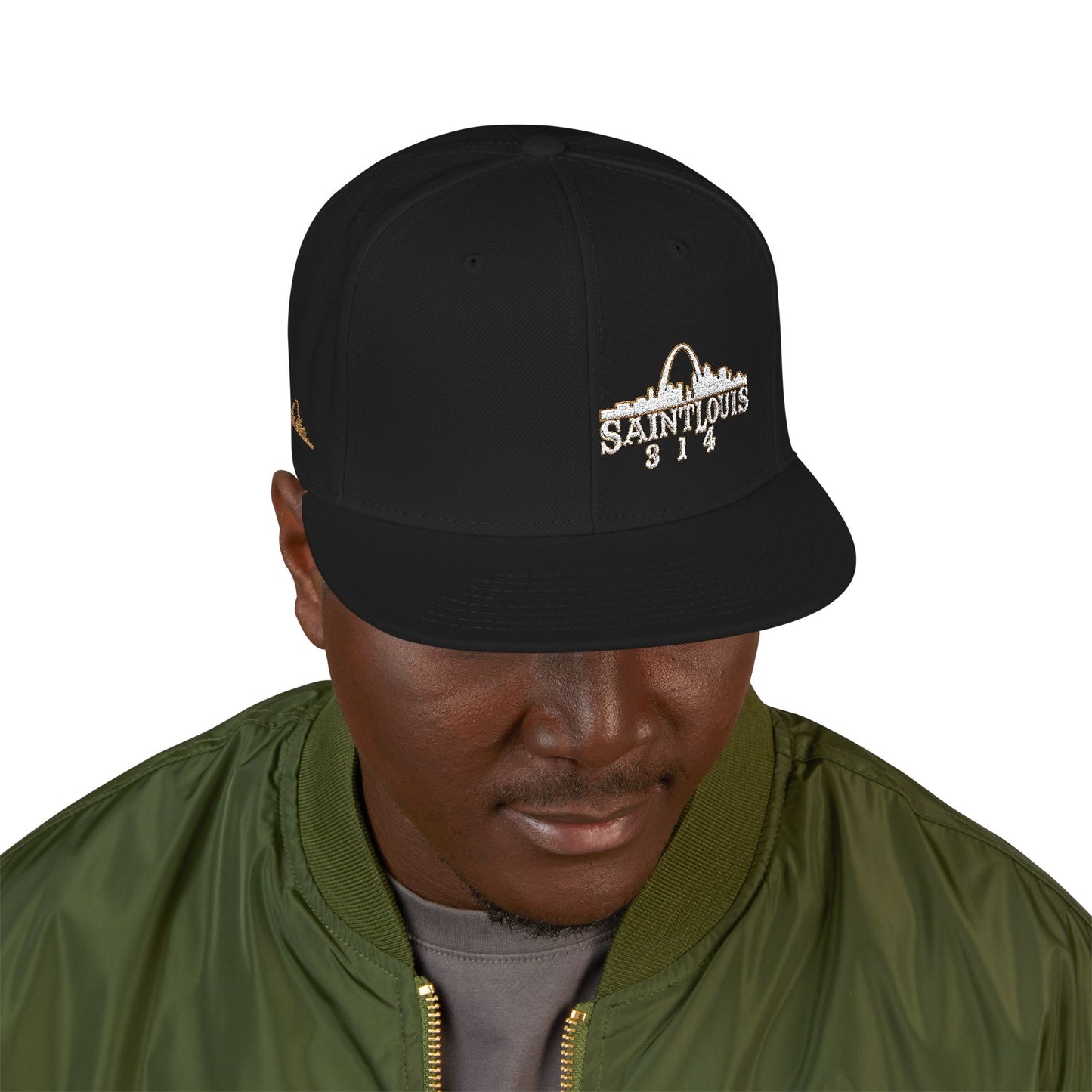 Embroidered Snapback Hat - Saint Louis - White and Gold Lettering Printify