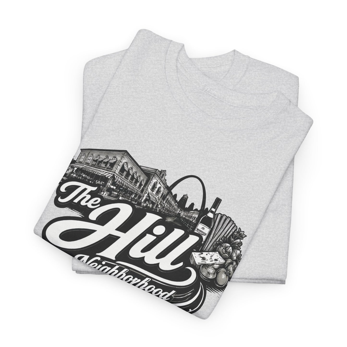 The Hill Neighborhood T-Shirt — Vintage Cityscape Tee with Red, White & Green Accents
